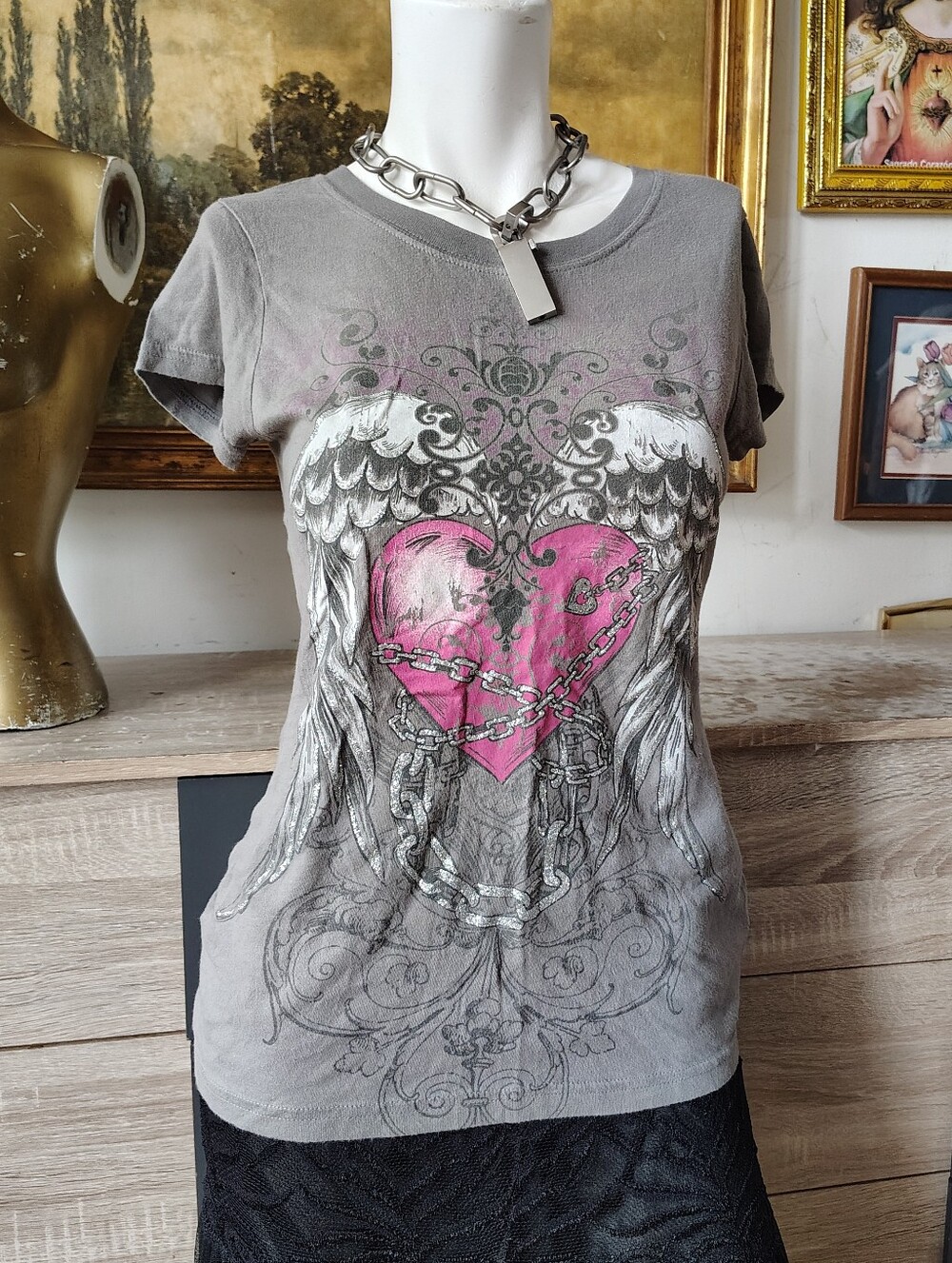 Y2k Vintage Gray Graphic Tee Bling Rhinestone Tee W/ Heart & Wings Small Medium